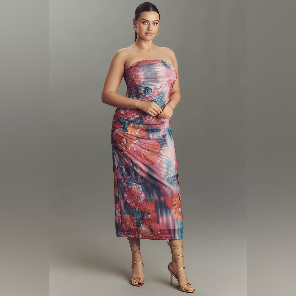 The Soleil Slim Strapless Ruched Mesh MidiDress